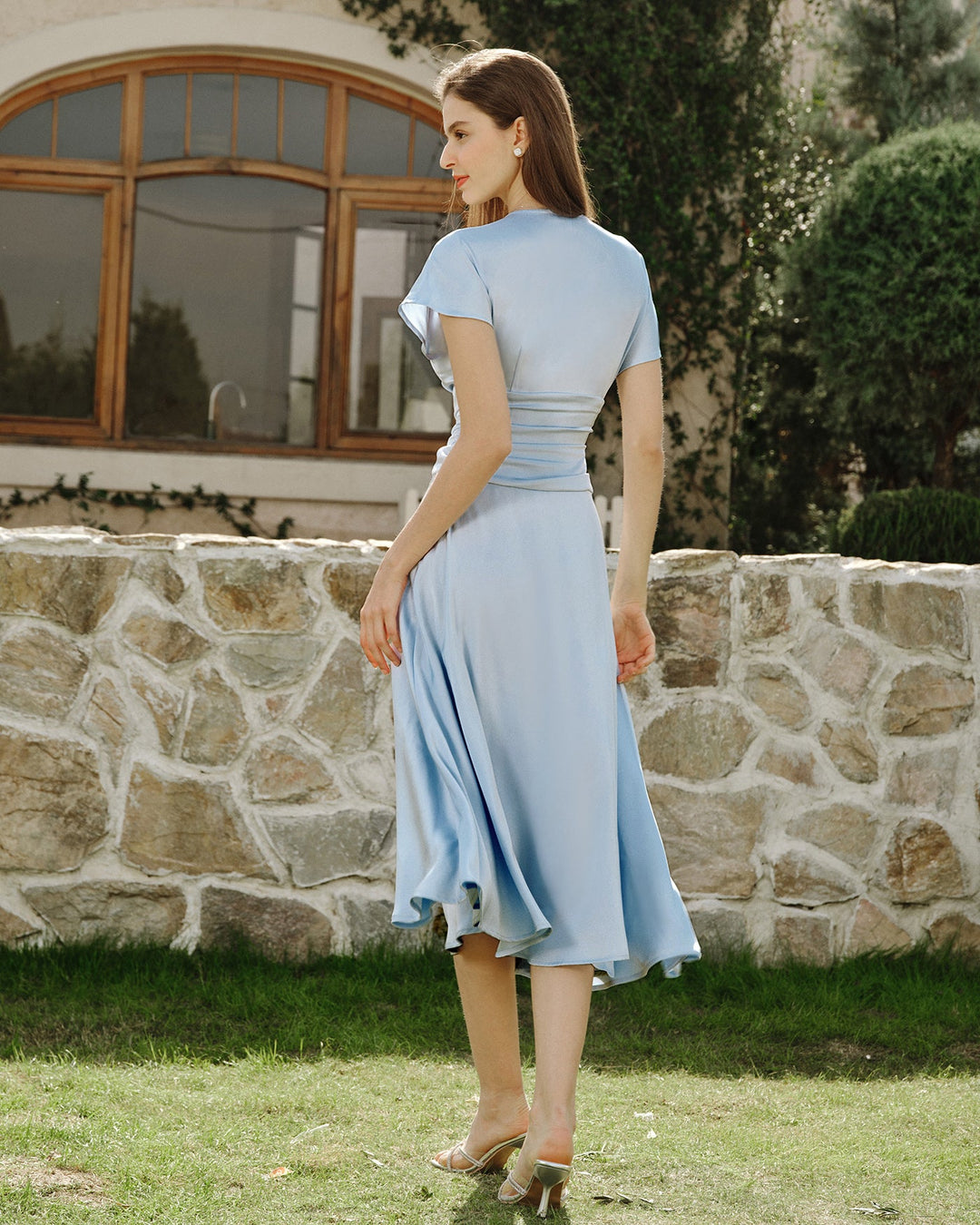 Morgan and Brooke | Drop Shoulder Pleated Midi Dress, Blue