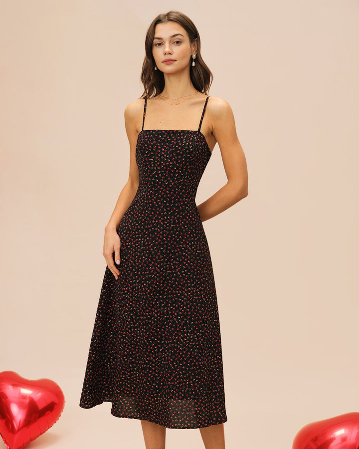 Morgan and Brooke | Floral A-Line Midi Dress for Women in Black