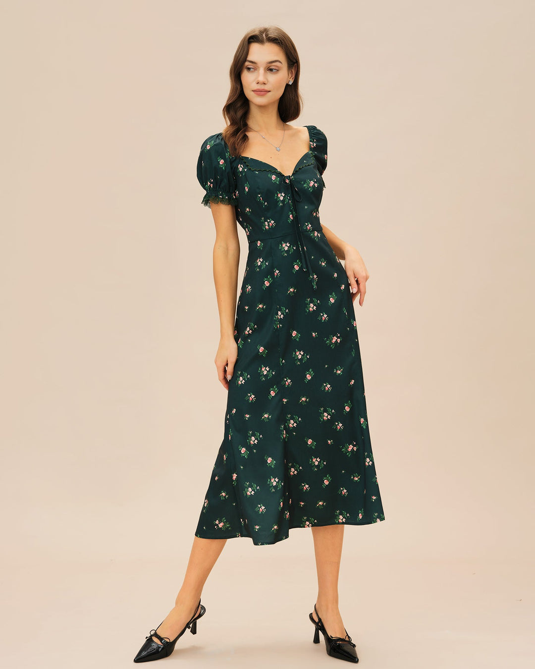 Morgan and Brooke | Floral Midi Dress for Women in Green with Puffed Sleeves
