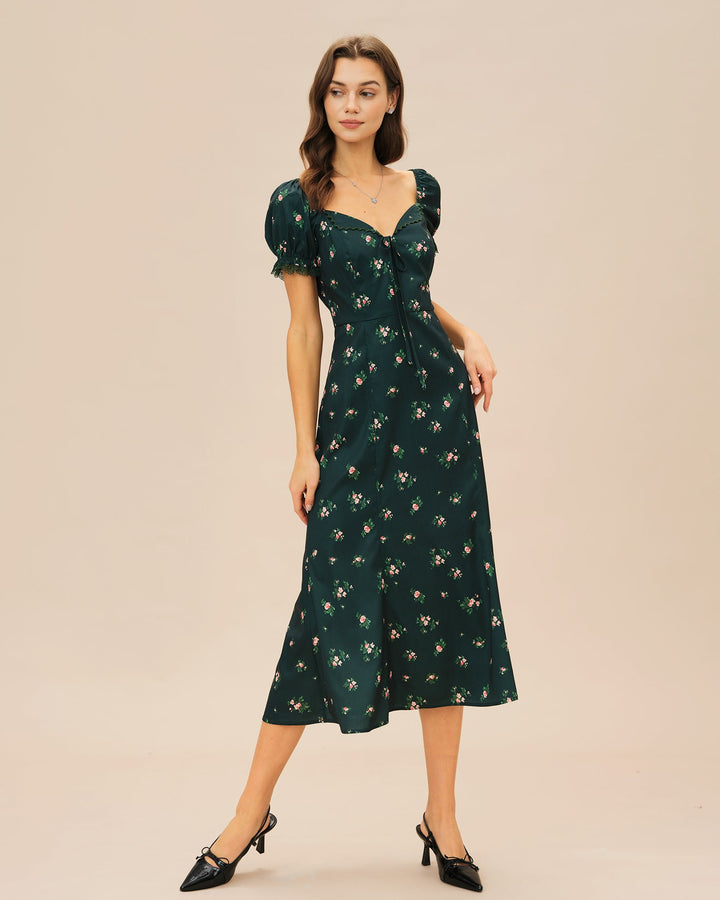 Morgan and Brooke | Floral Midi Dress for Women in Green with Puffed Sleeves