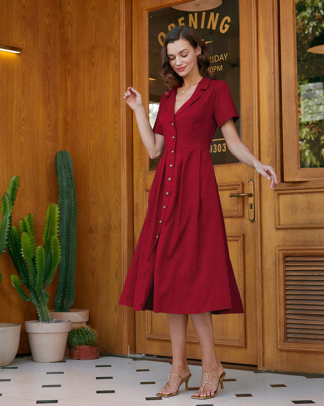 Morgan and Brooke | A-Line Pleated Button Midi Dress for Women in Red