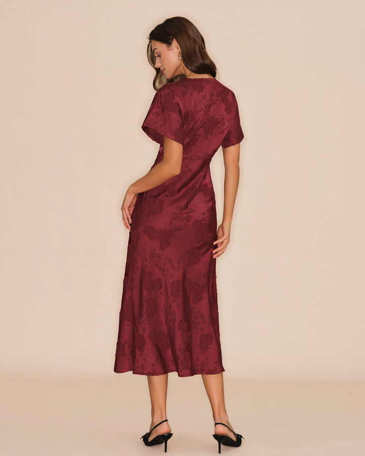Morgan and Brooke | V Neck Jacquard Midi Dress in Wine Red