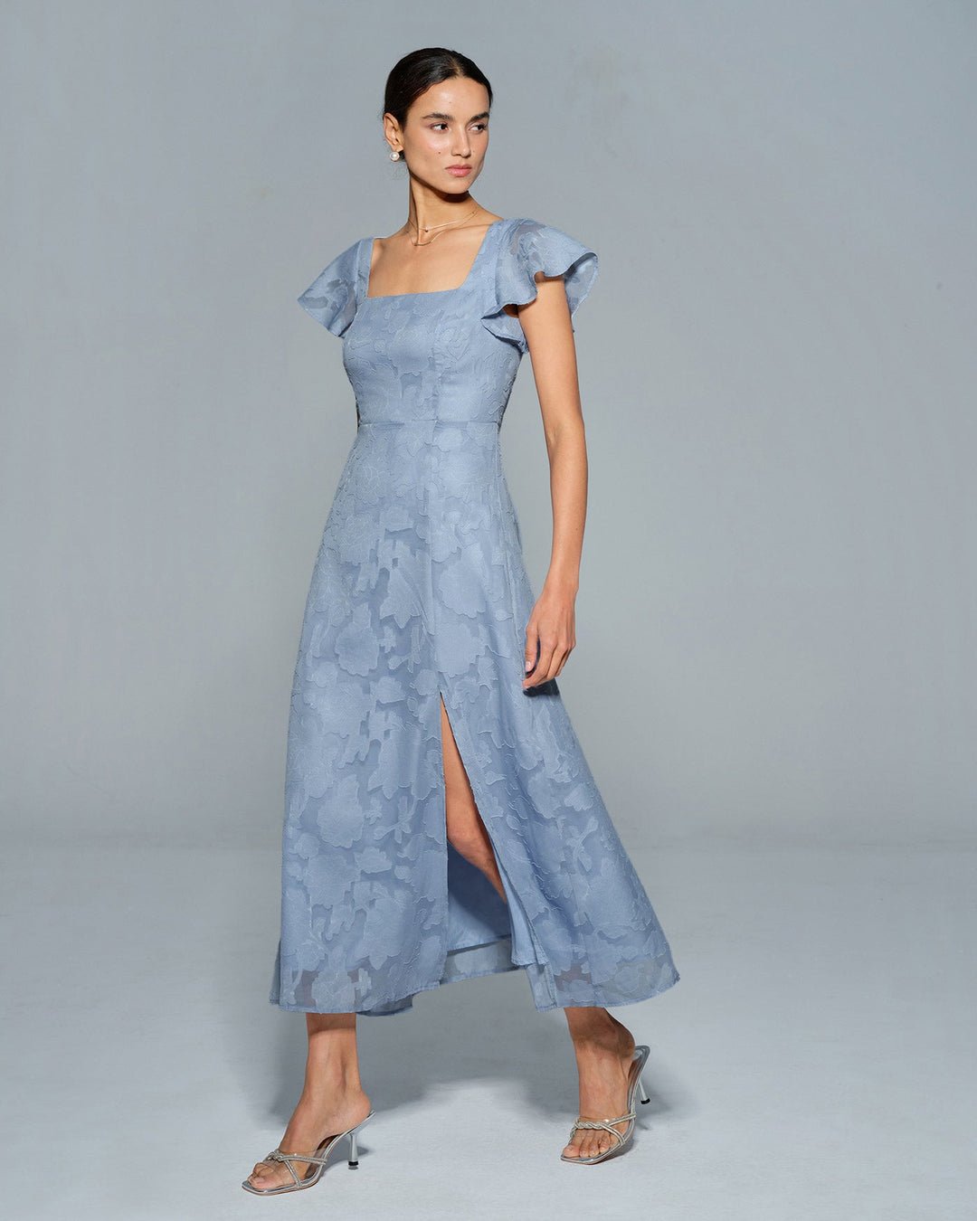 Morgan and Brooke | Floral Square Neck Midi Dress in Blue