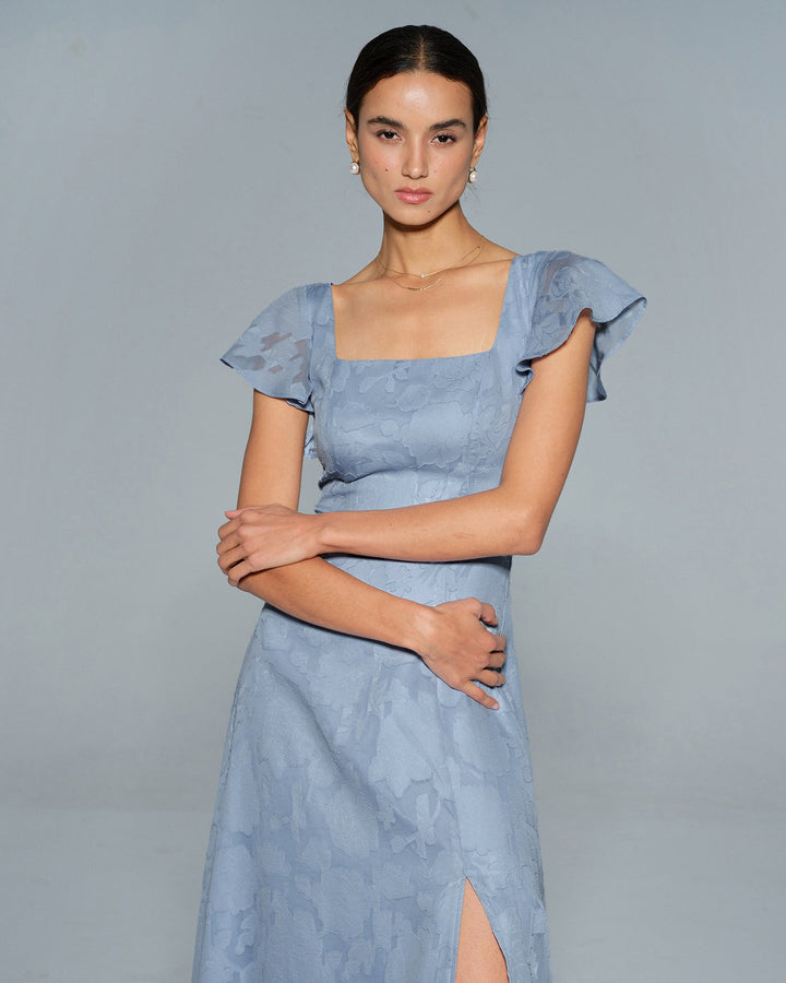 Morgan and Brooke | Floral Square Neck Midi Dress in Blue