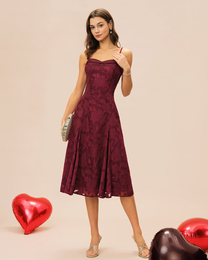 Morgan and Brooke | Wine Red Jacquard Slip Midi Dress