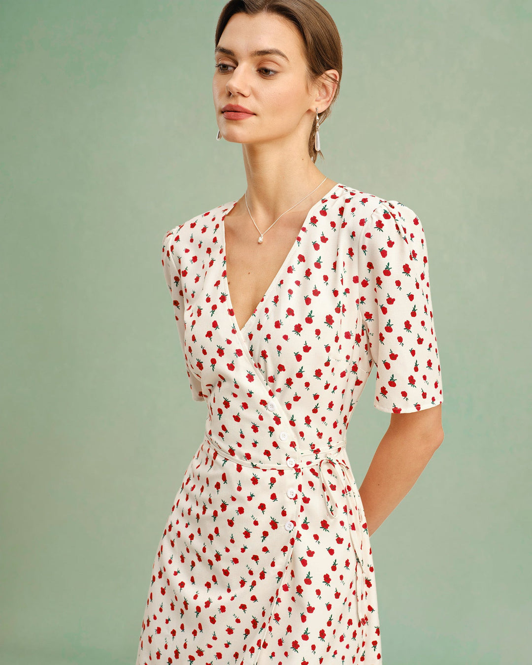 Morgan and Brooke | Floral V Neck Midi Dress for Women in Apricot