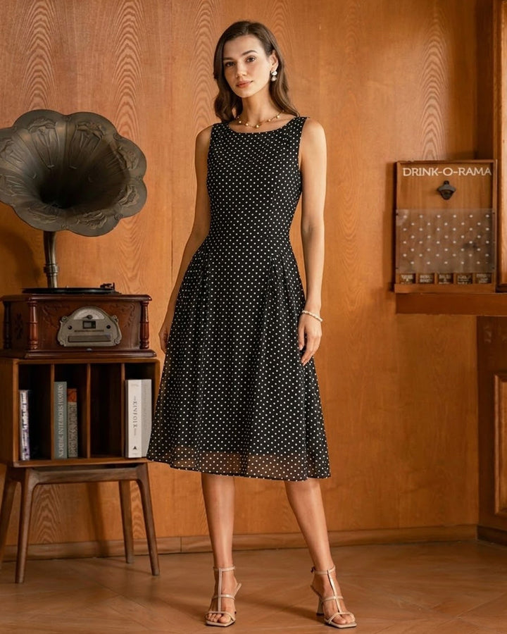 Morgan and Brooke | Chiffon Midi Dress for Women in Black Polka Dot