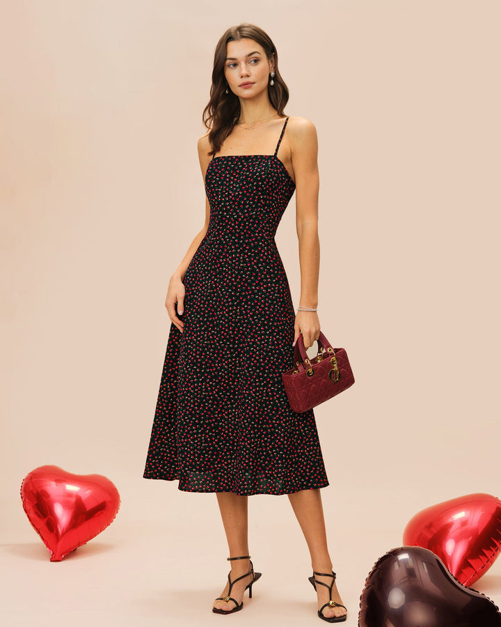 Morgan and Brooke | Floral A-Line Midi Dress for Women in Black