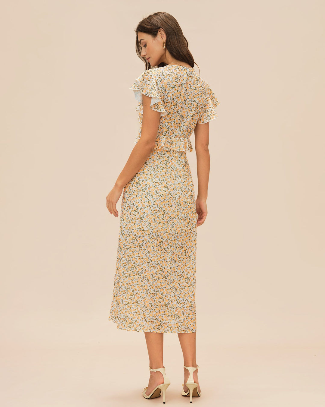Morgan and Brooke | Yellow Floral Ruffle Midi Dress