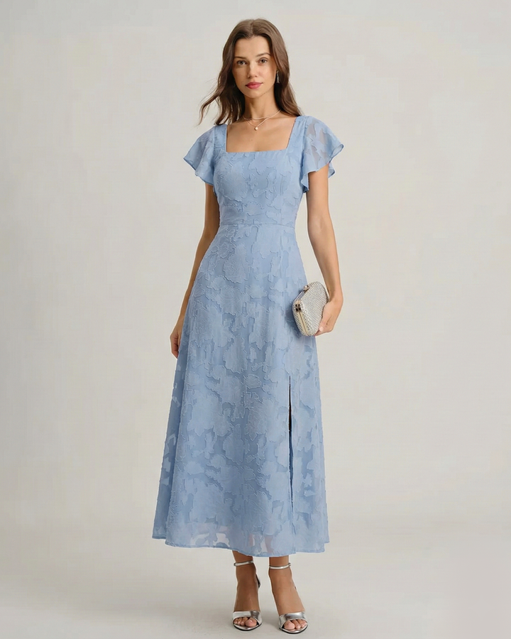Morgan and Brooke | Floral Square Neck Midi Dress in Blue
