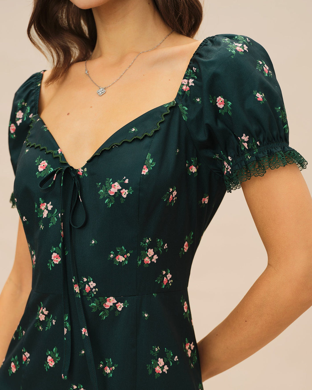 Morgan and Brooke | Floral Midi Dress for Women in Green with Puffed Sleeves
