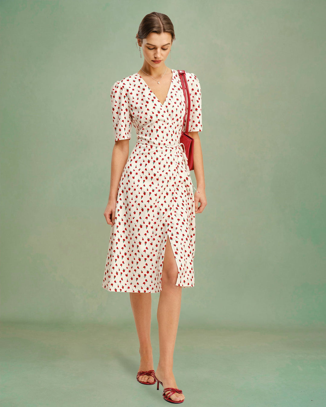 Morgan and Brooke | Floral V Neck Midi Dress for Women in Apricot