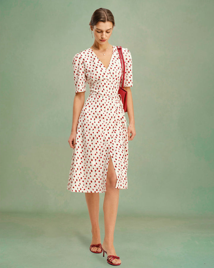 Morgan and Brooke | Floral V Neck Midi Dress for Women in Apricot