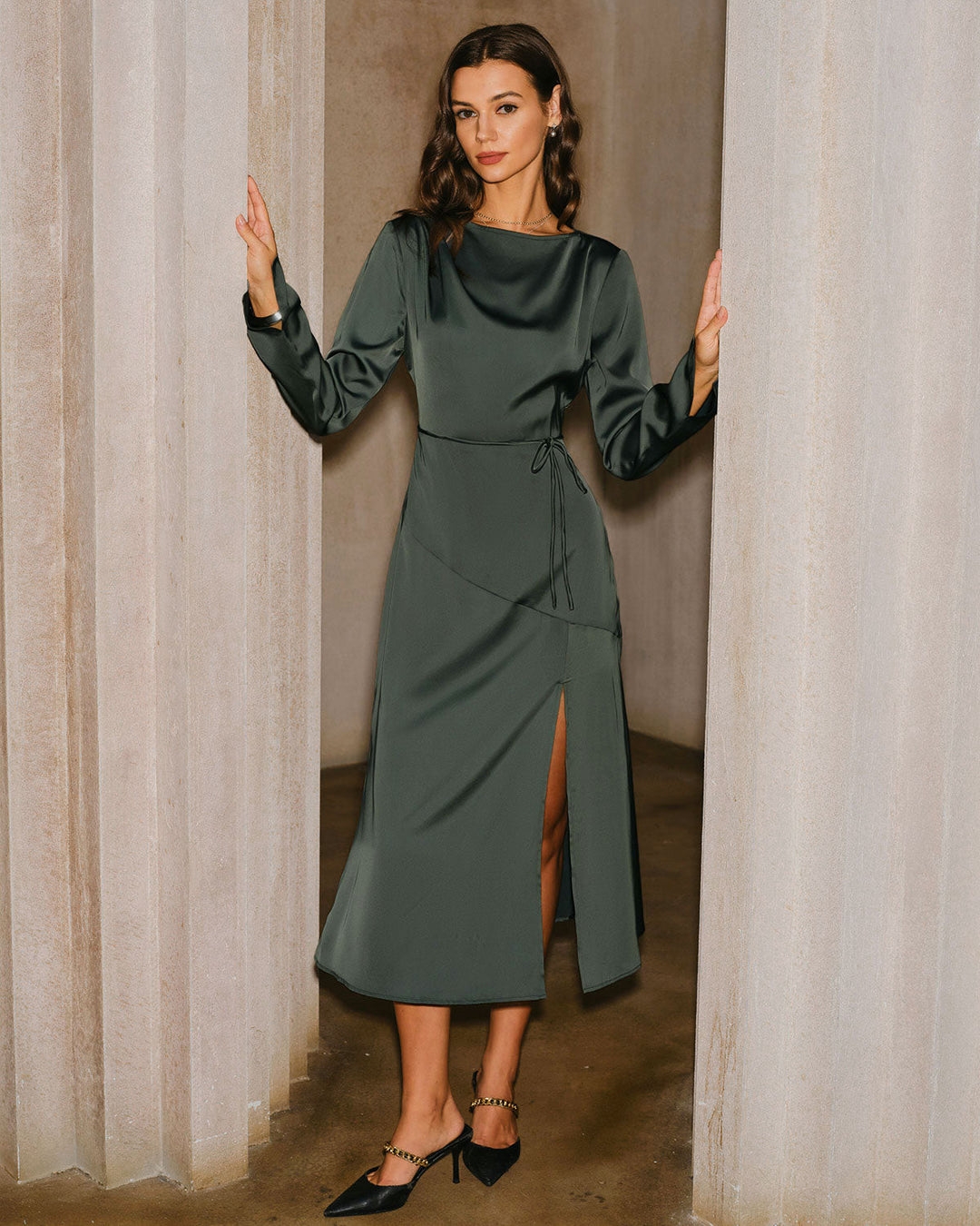 Morgan and Brooke | Satin Cowl Neck Slit Midi Dress in Green