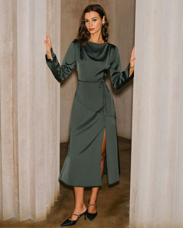 Morgan and Brooke | Satin Cowl Neck Slit Midi Dress in Green
