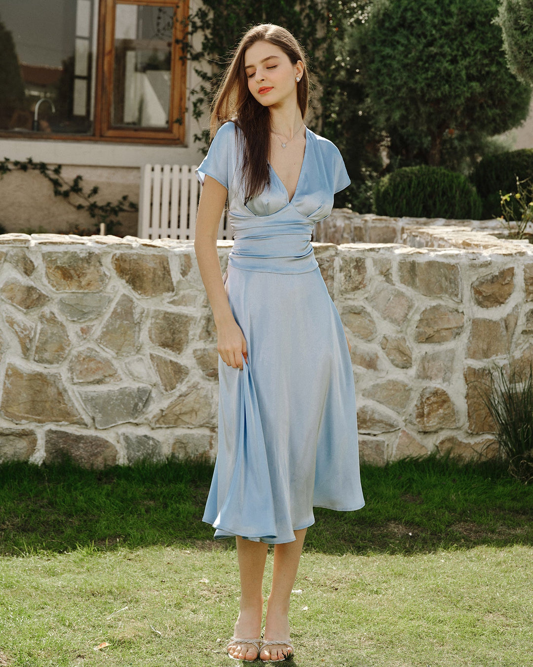 Morgan and Brooke | Drop Shoulder Pleated Midi Dress, Blue