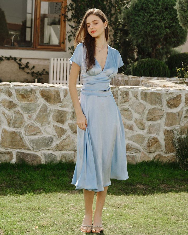 Morgan and Brooke | Drop Shoulder Pleated Midi Dress, Blue