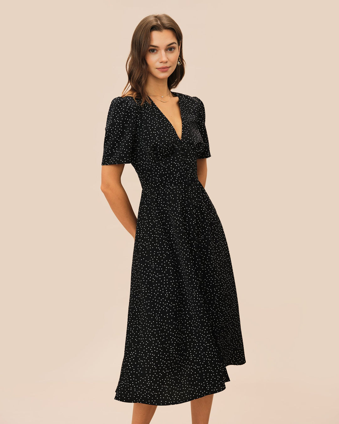 Morgan and Brooke | V Neck Polka Dot Midi Dress for Women in Black