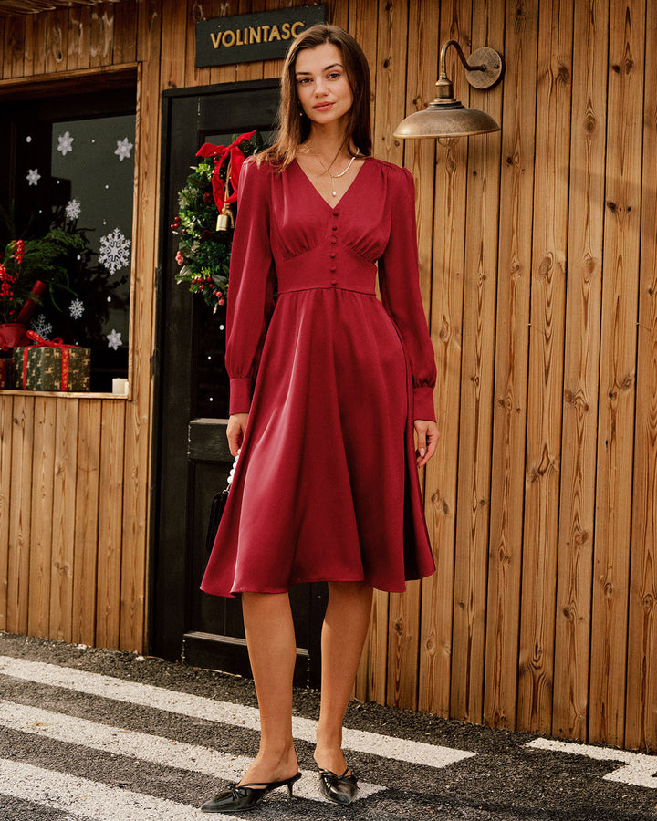 Morgan and Brooke | Satin V Neck Midi Dress for Women in Wine Red