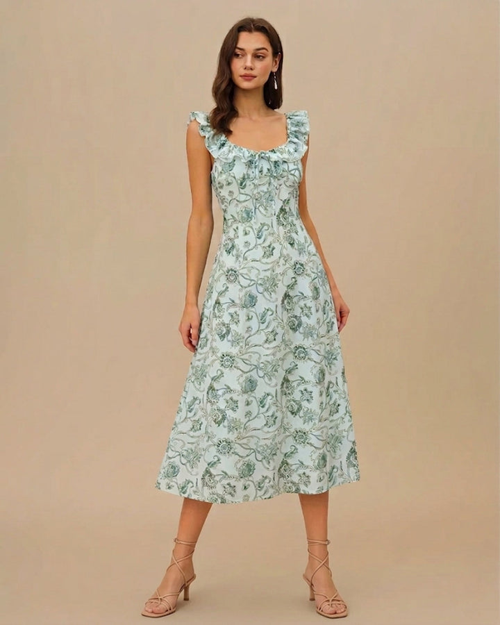 Morgan and Brooke | Floral Square Neck Ruched Midi Dress in Green