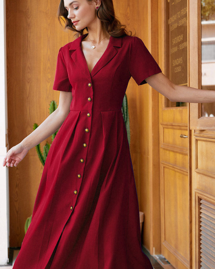 Morgan and Brooke | A-Line Pleated Button Midi Dress for Women in Red
