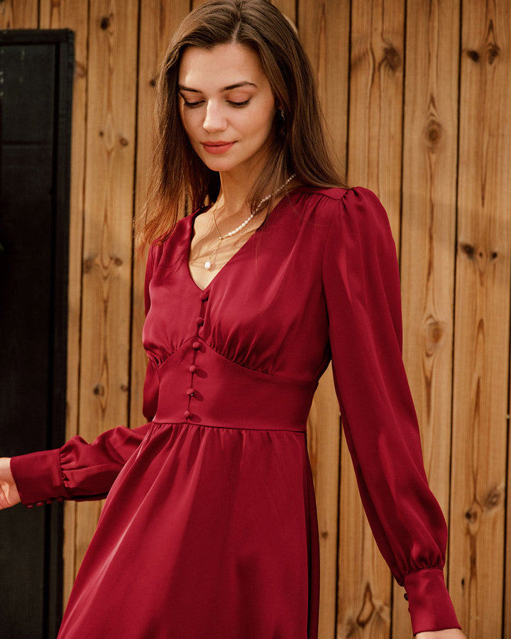 Morgan and Brooke | Satin V Neck Midi Dress for Women in Wine Red