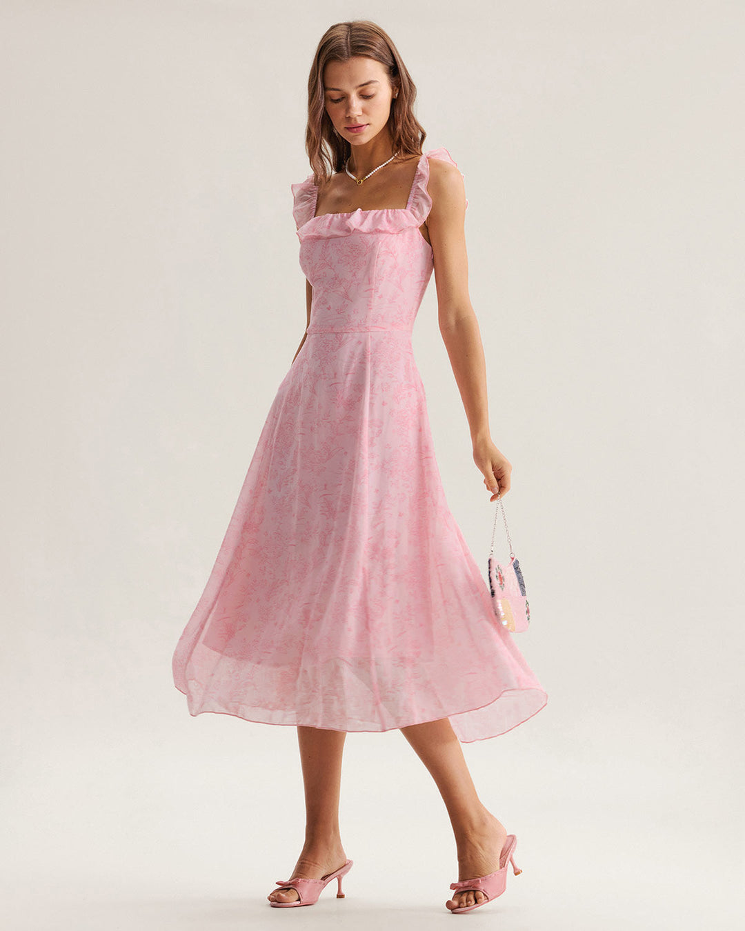 Morgan and Brooke | Square Neck Ruffle Midi Dress in Pink