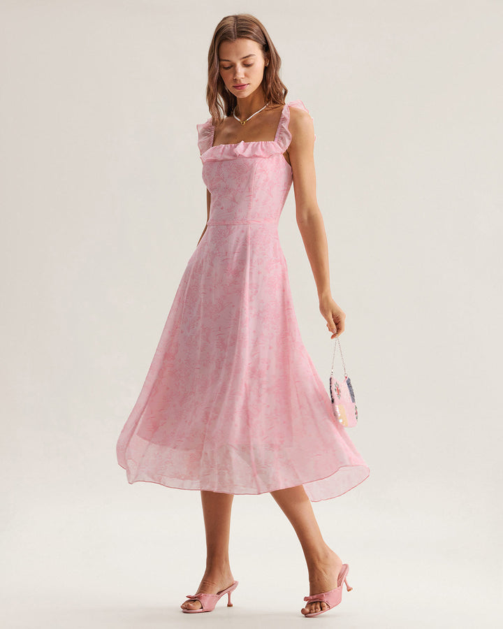 Morgan and Brooke | Square Neck Ruffle Midi Dress in Pink