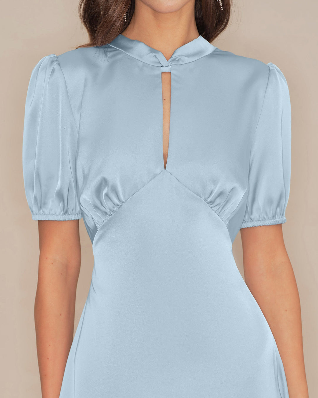 Morgan and Brooke | Satin Backless Midi Dress for Women in Blue with Puffed Sleeves
