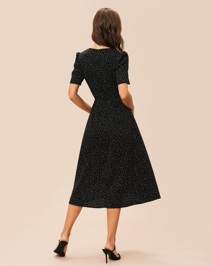 Morgan and Brooke | V Neck Polka Dot Midi Dress for Women in Black
