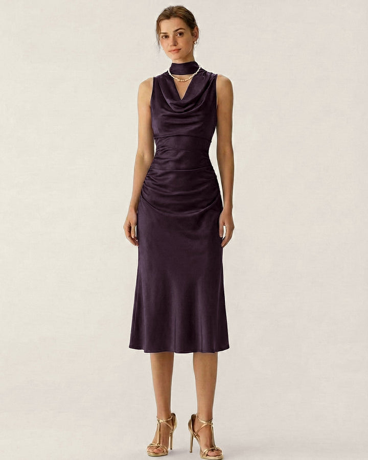 Morgan and Brooke | Satin Midi Dress for Women in Purple with Cowl Neck and Mermaid Fit