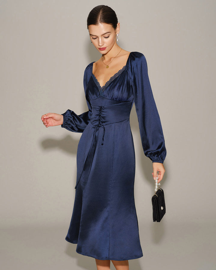 Morgan and Brooke | Navy Satin V Neck Ruched Midi Dress