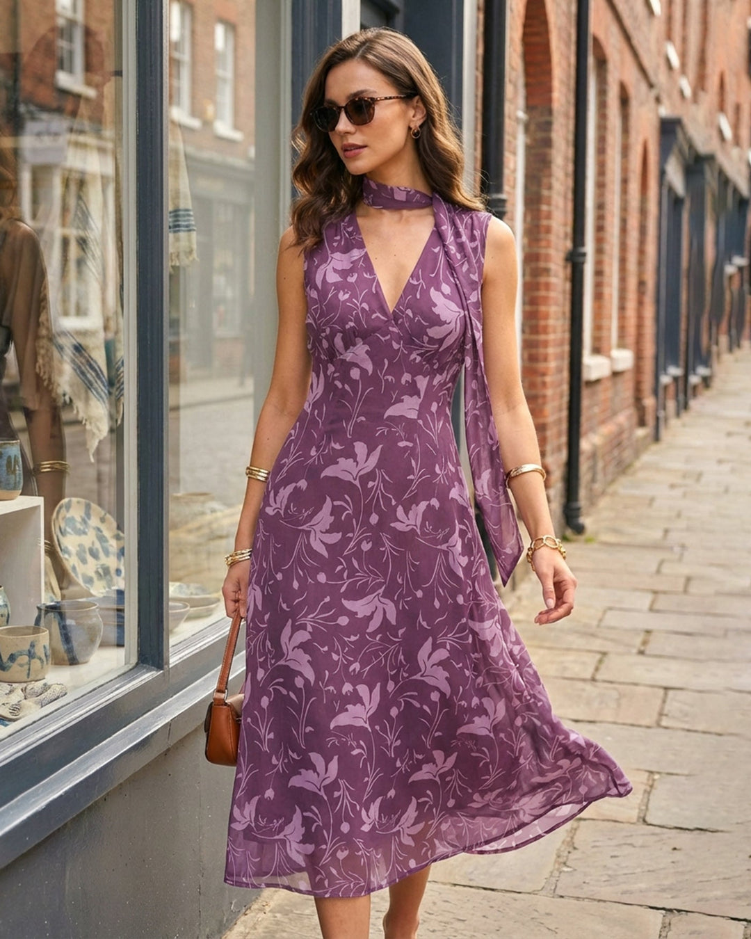 Morgan and Brooke | Floral Chiffon Midi Dress for Women in Purple