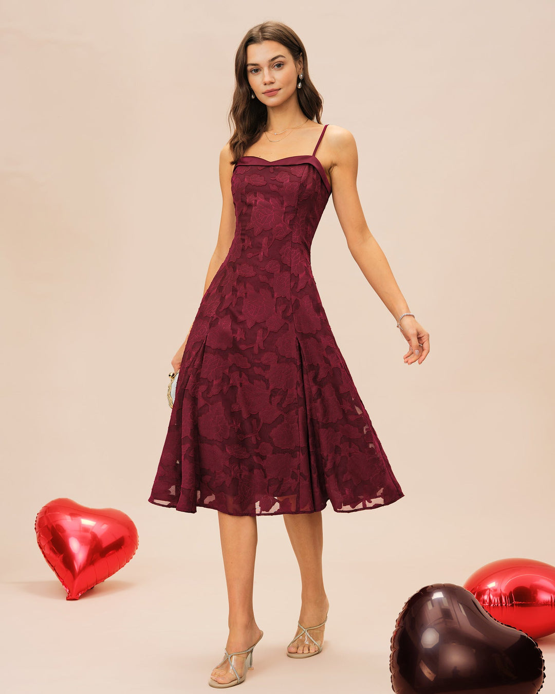 Morgan and Brooke | Wine Red Jacquard Slip Midi Dress