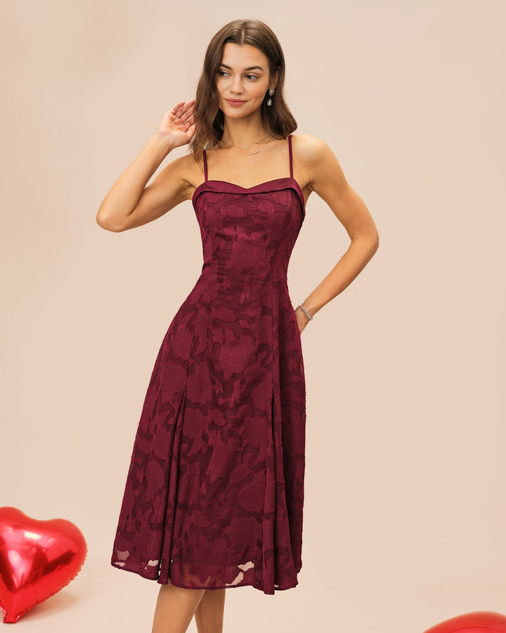 Morgan and Brooke | Wine Red Jacquard Slip Midi Dress