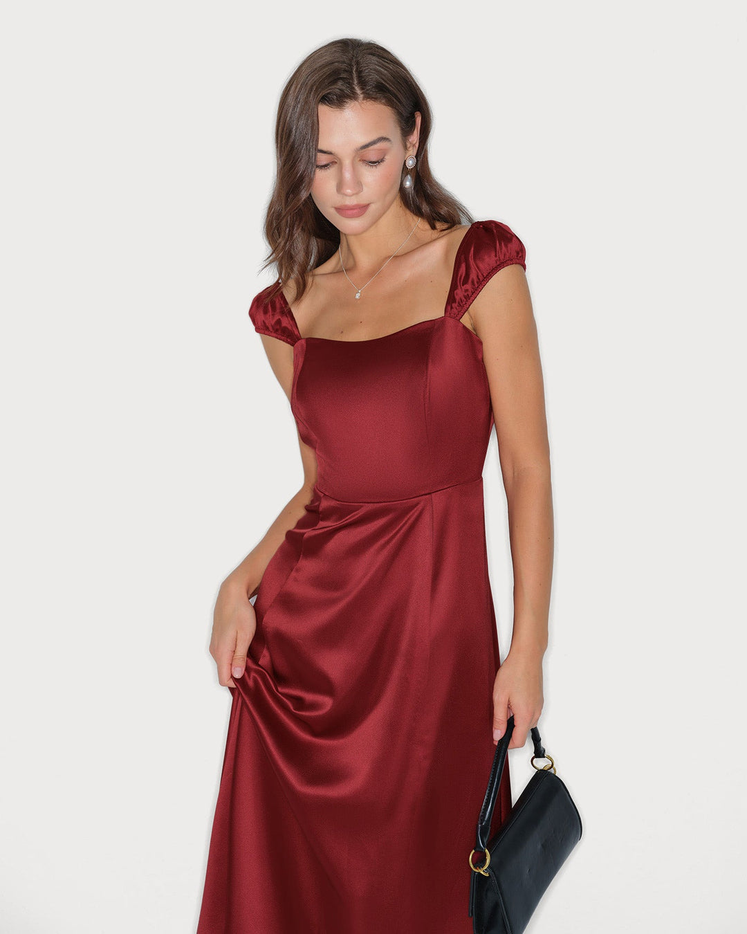 Morgan and Brooke | Satin Midi Dress for Women in Red with Sweetheart Neck