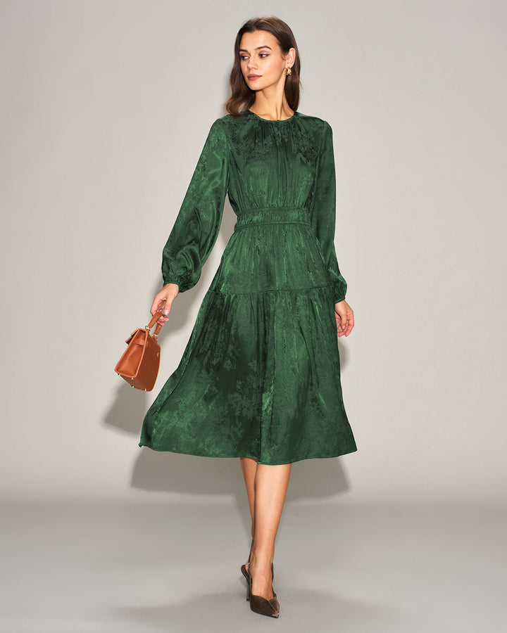 Morgan and Brooke | Jacquard Lantern Sleeve Midi Dress for Women in Green