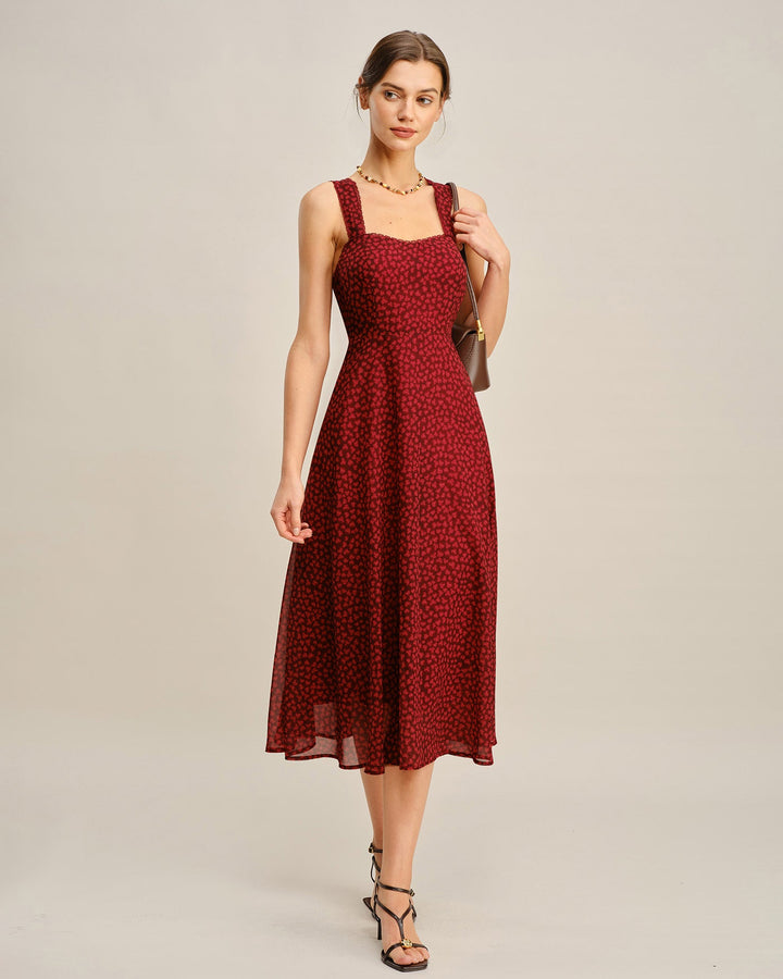 Morgan and Brooke | Floral Midi Dress for Women in Red with Sweetheart Neck