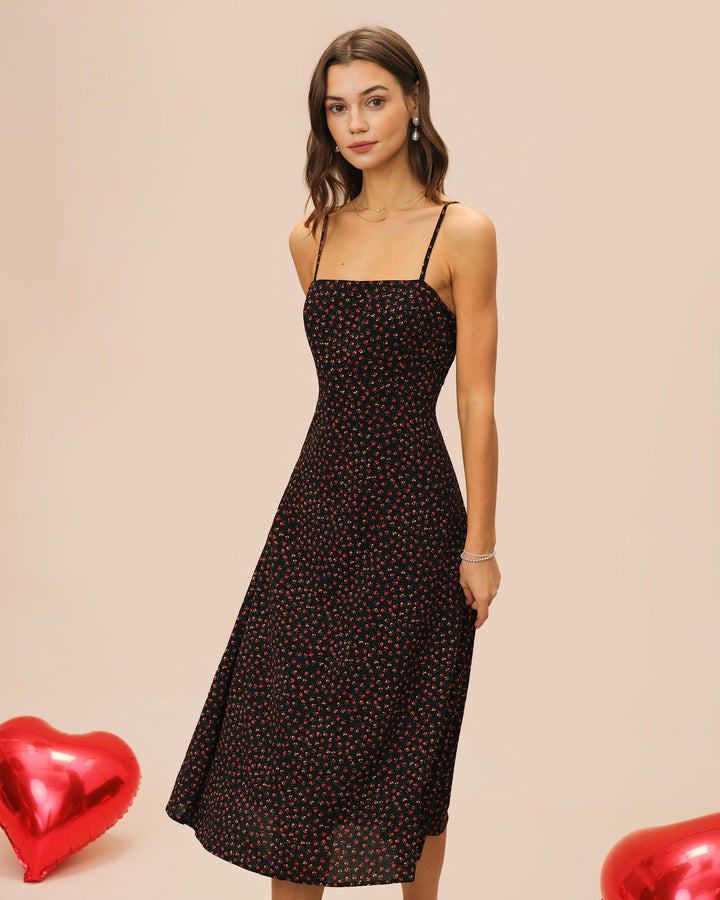 Morgan and Brooke | Floral A-Line Midi Dress for Women in Black