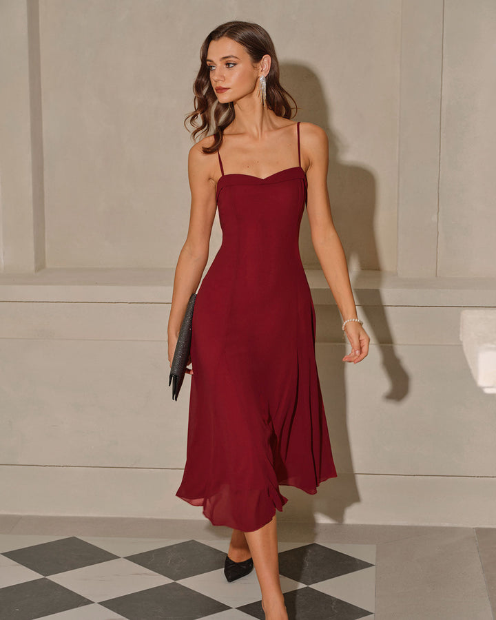 Morgan and Brooke | A-Line Corset Slip Midi Dress for Women in Red