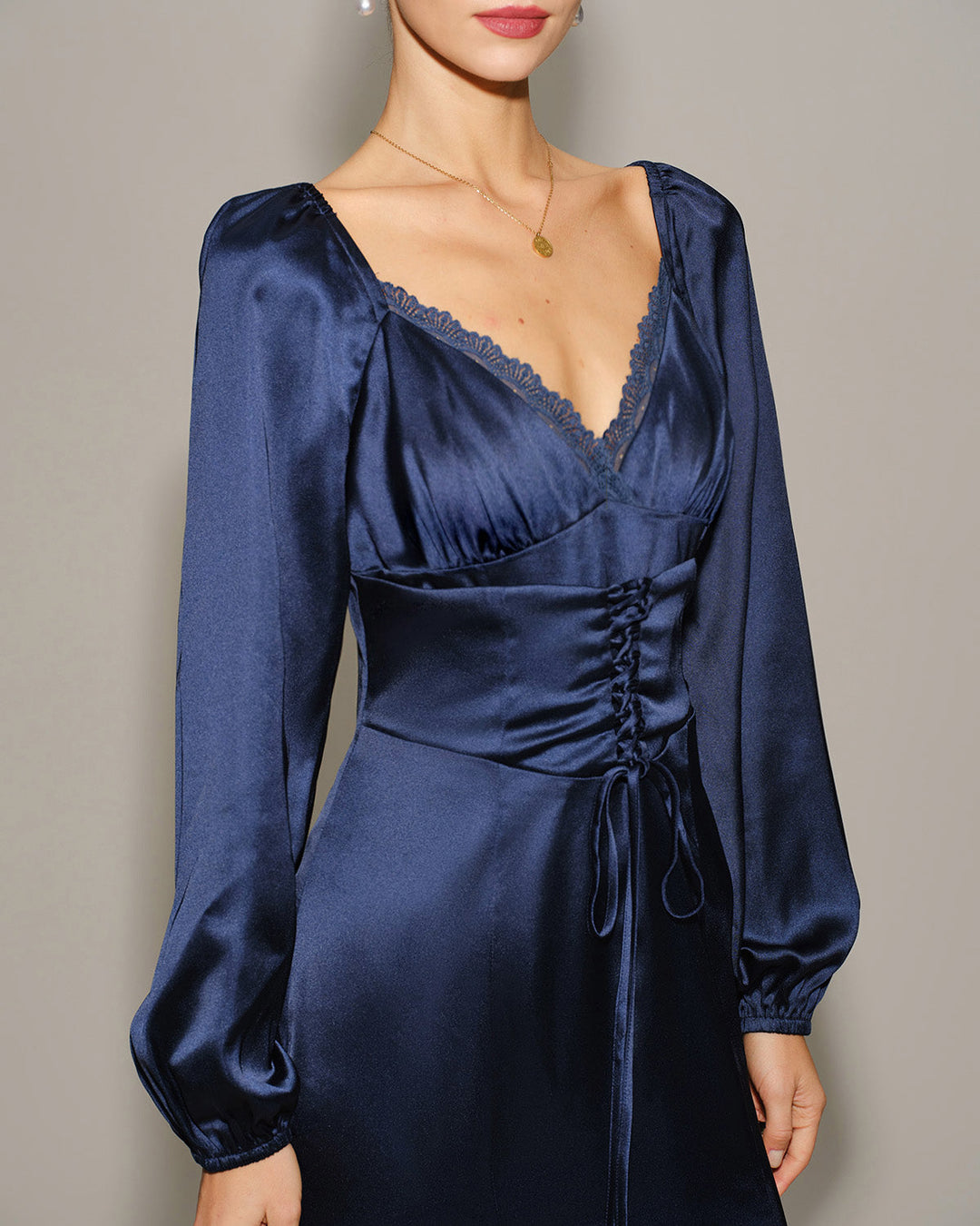 Morgan and Brooke | Navy Satin V Neck Ruched Midi Dress