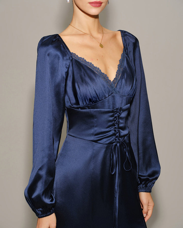 Morgan and Brooke | Navy Satin V Neck Ruched Midi Dress