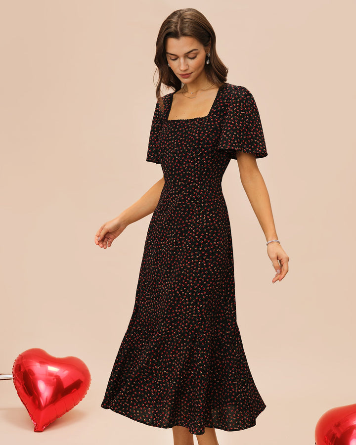 Morgan and Brooke | Black Floral Midi Dress with Square Neck and Butterfly Sleeves
