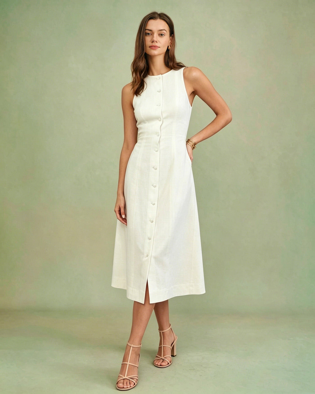Morgan and Brooke | White Button Tie Midi Dress
