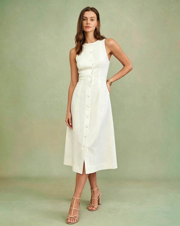 Morgan and Brooke | White Button Tie Midi Dress