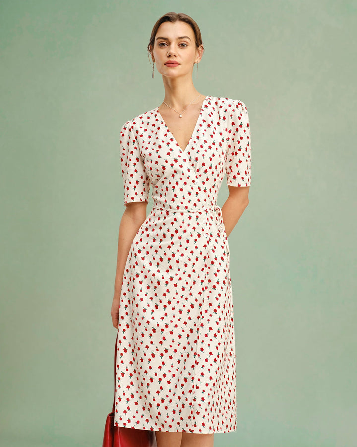 Morgan and Brooke | Floral V Neck Midi Dress for Women in Apricot