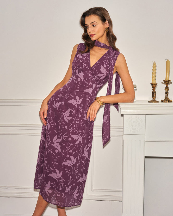 Morgan and Brooke | Floral Chiffon Midi Dress for Women in Purple