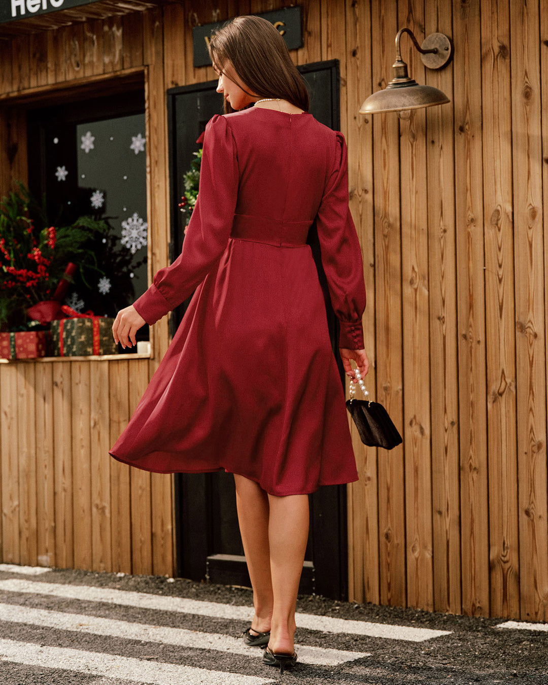 Morgan and Brooke | Satin V Neck Midi Dress for Women in Wine Red