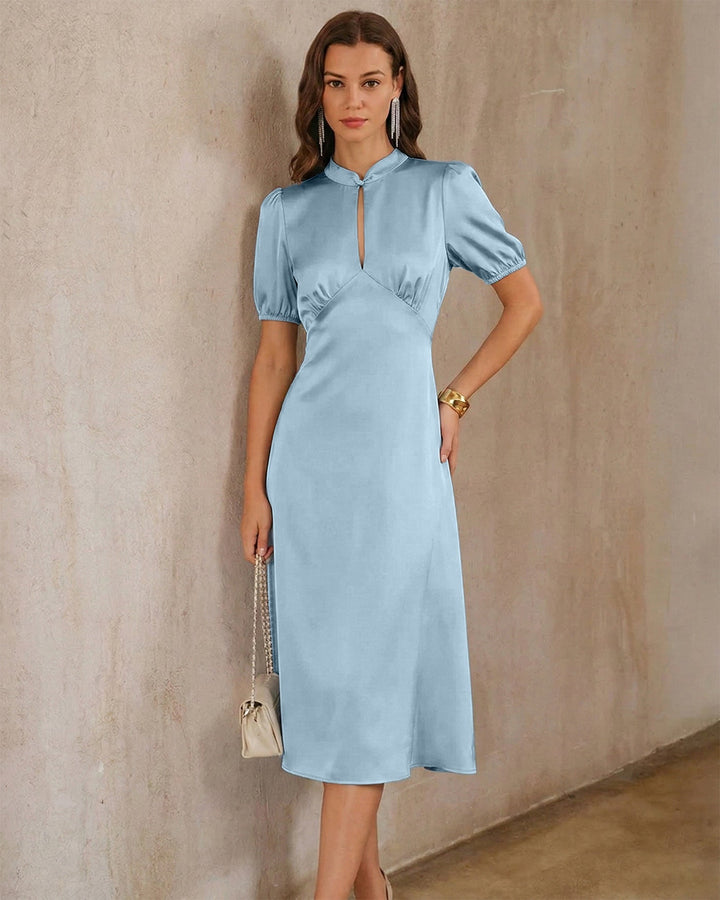 Morgan and Brooke | Satin Backless Midi Dress for Women in Blue with Puffed Sleeves
