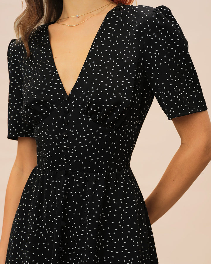 Morgan and Brooke | V Neck Polka Dot Midi Dress for Women in Black